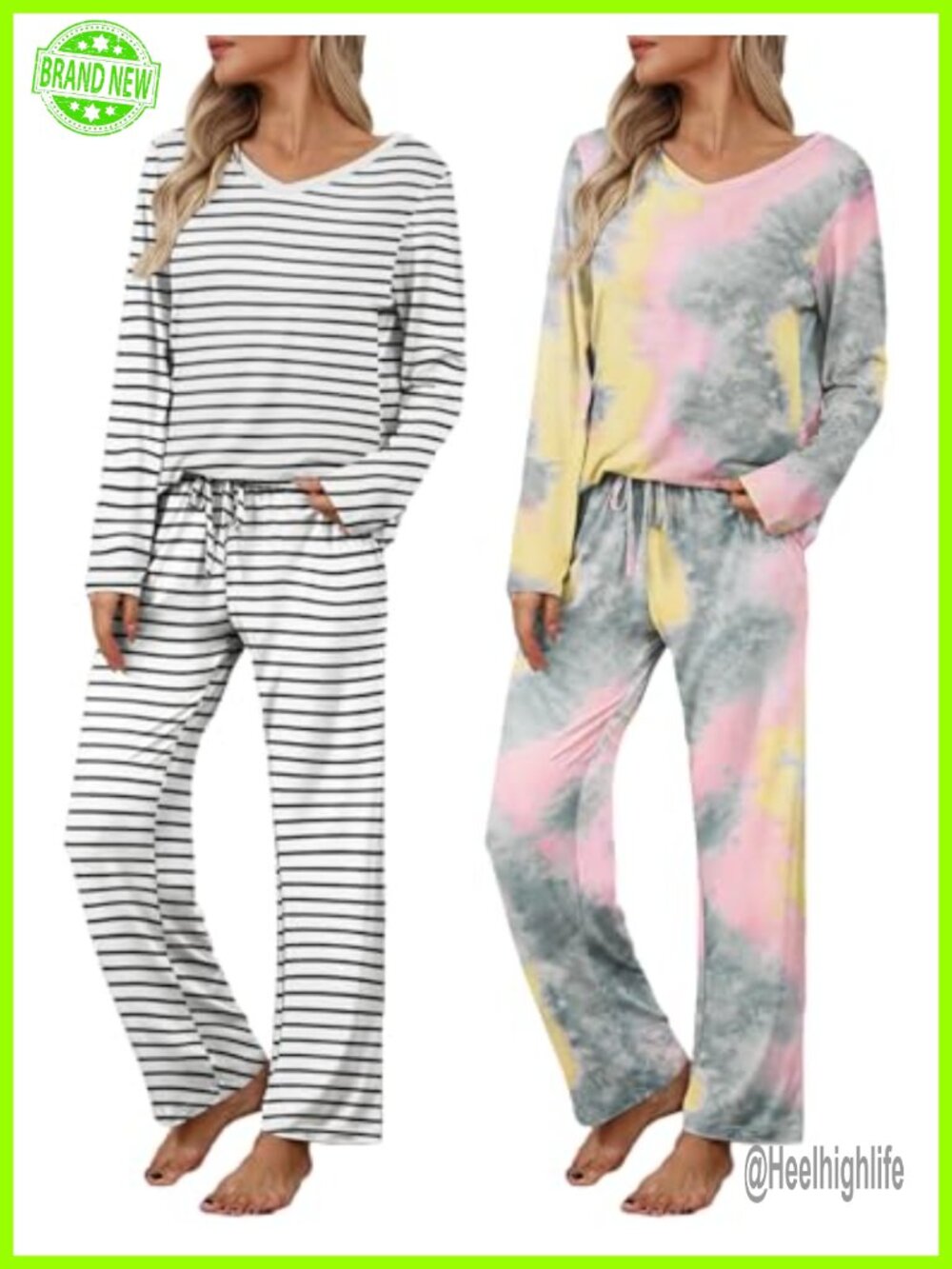 2 Pack Long Sleeve Pajama Sets V Neck Lounge Sleepwear 4 Piece